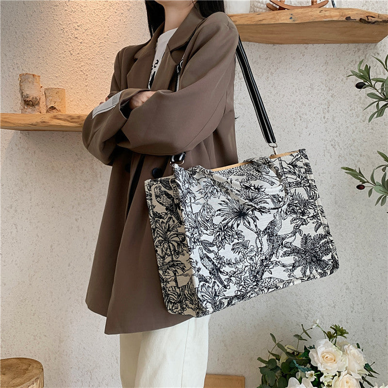 Women's Fashion Jacquard Embroidery Designer Handbag, Canvas Tote Bag