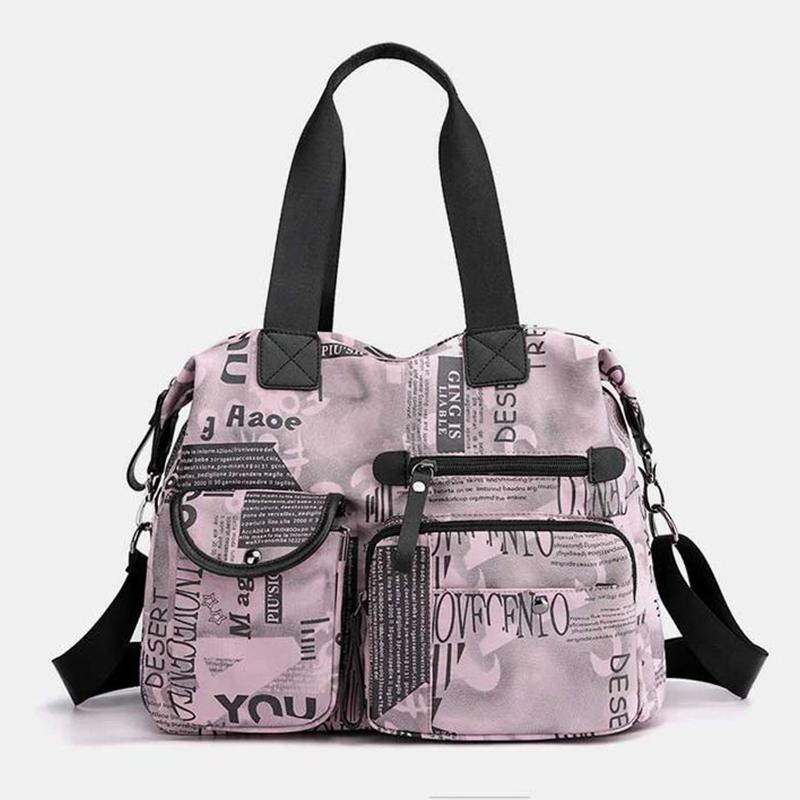 Women's Large Canvas Top Handle Tote Travel Bag, Vintage Weekender PrintedShoulder Bag