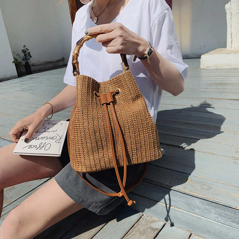 Women's Summer Rattan Straw Bucket Bag