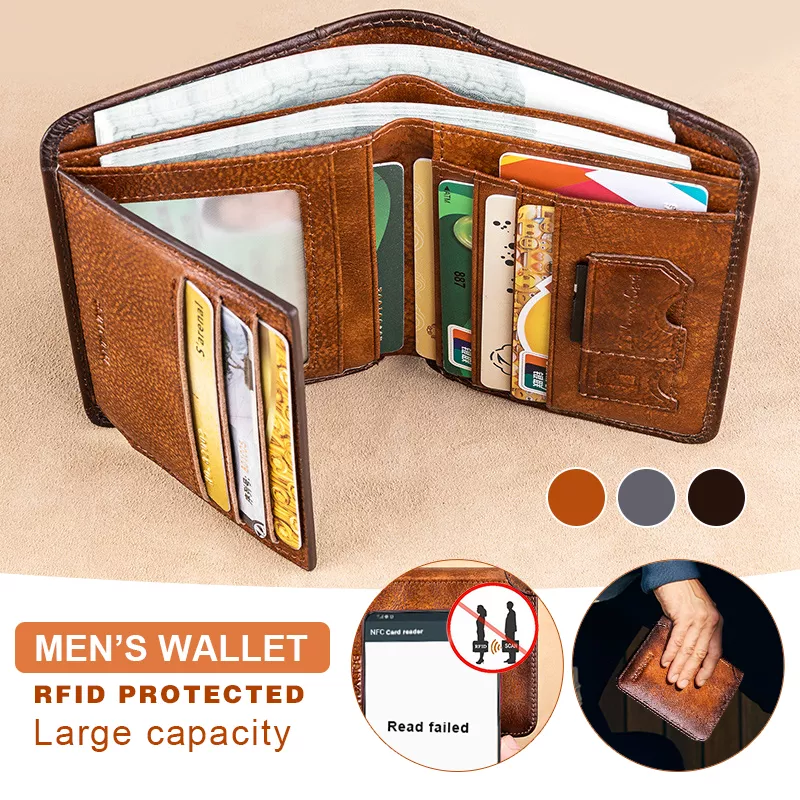 Men's Short Rubbed Color Trifold Short RFID Wallet, Large Capacity Card Holder