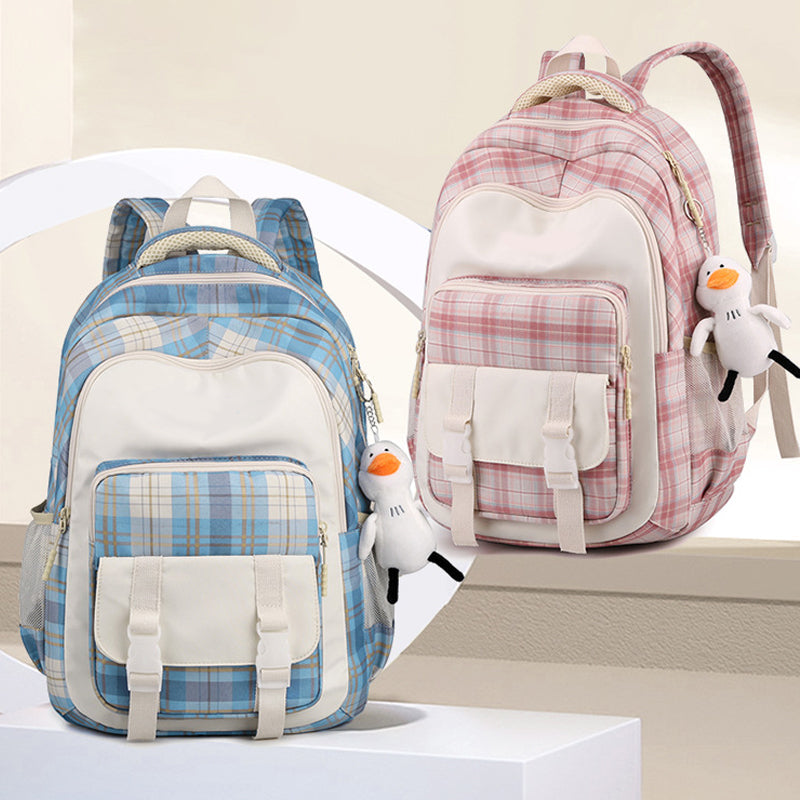 Large Capacity Plaid Schoolbag, Casual Nylon Backpack