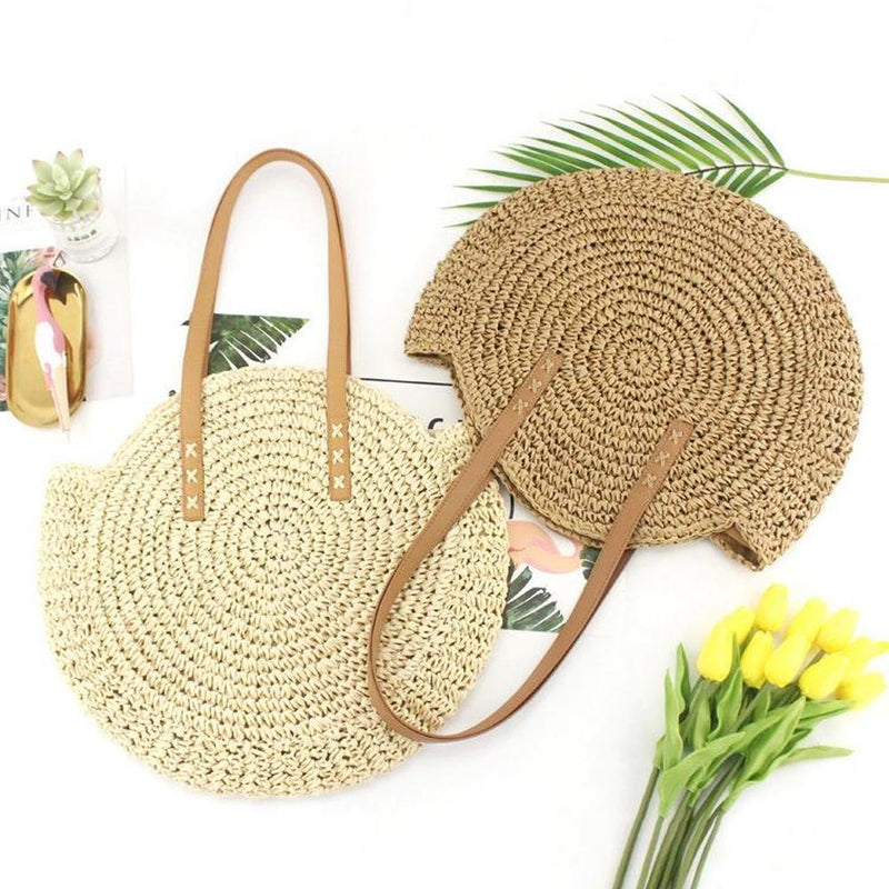 Hand Woven Round Ladies Bohemian Summer Straw Beach Bag