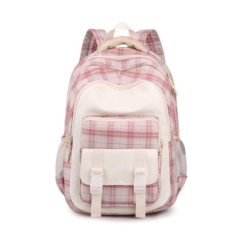 Large Capacity Plaid Schoolbag, Casual Nylon Backpack