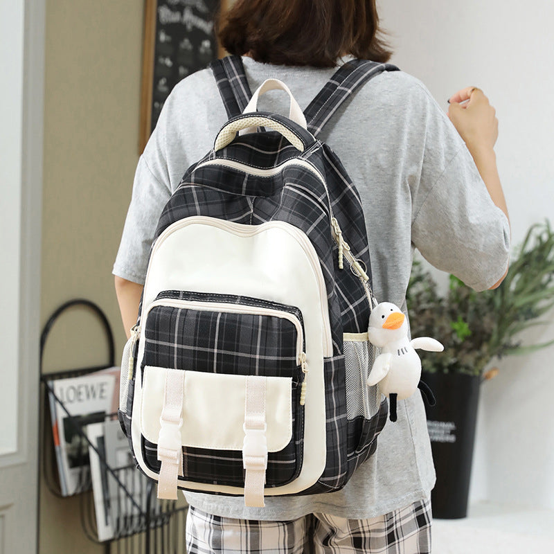 Large Capacity Plaid Schoolbag, Casual Nylon Backpack