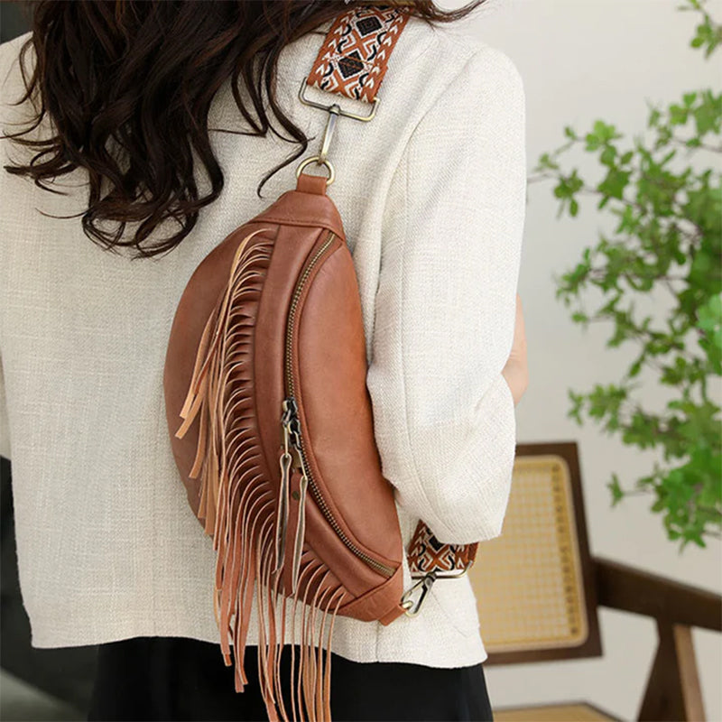 Women's Wrinkle Leather Retro Tassel Crossbody Bag