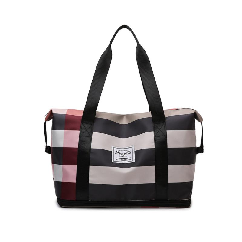 Large Women Weekender Nylon striped Bag, Travel Duffel Tote Bag