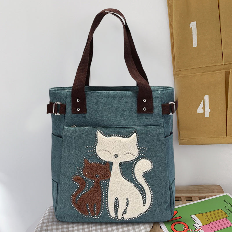 Large Capacity Cat Printing Canvas Shoulder Bag