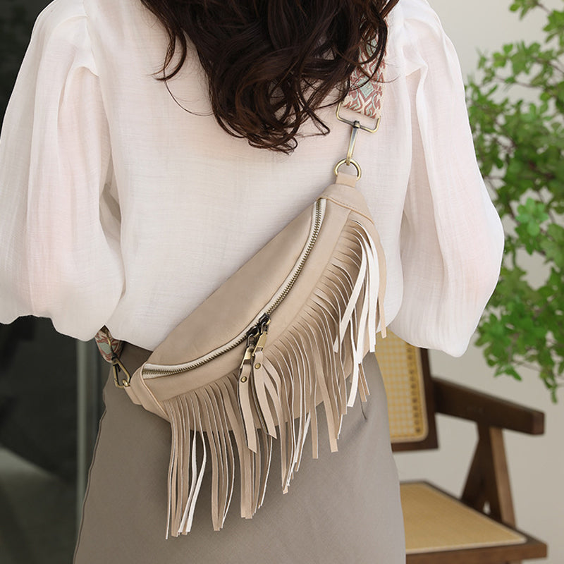 Women's Wrinkle Leather Retro Tassel Crossbody Bag