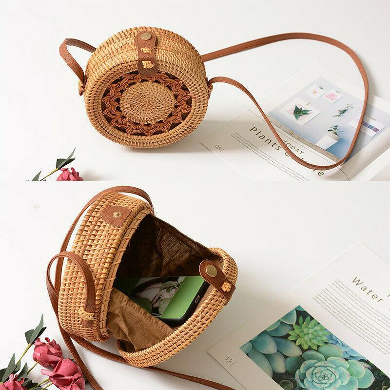 Hand Woven Rattan Style Circle Shoulder Bag