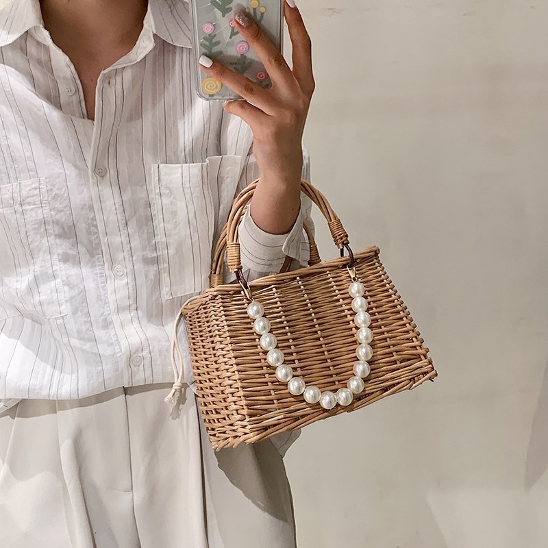 Womens's Faux Pearl Handle Straw Square Tote Bag, Vintage Rattan Woven Handag