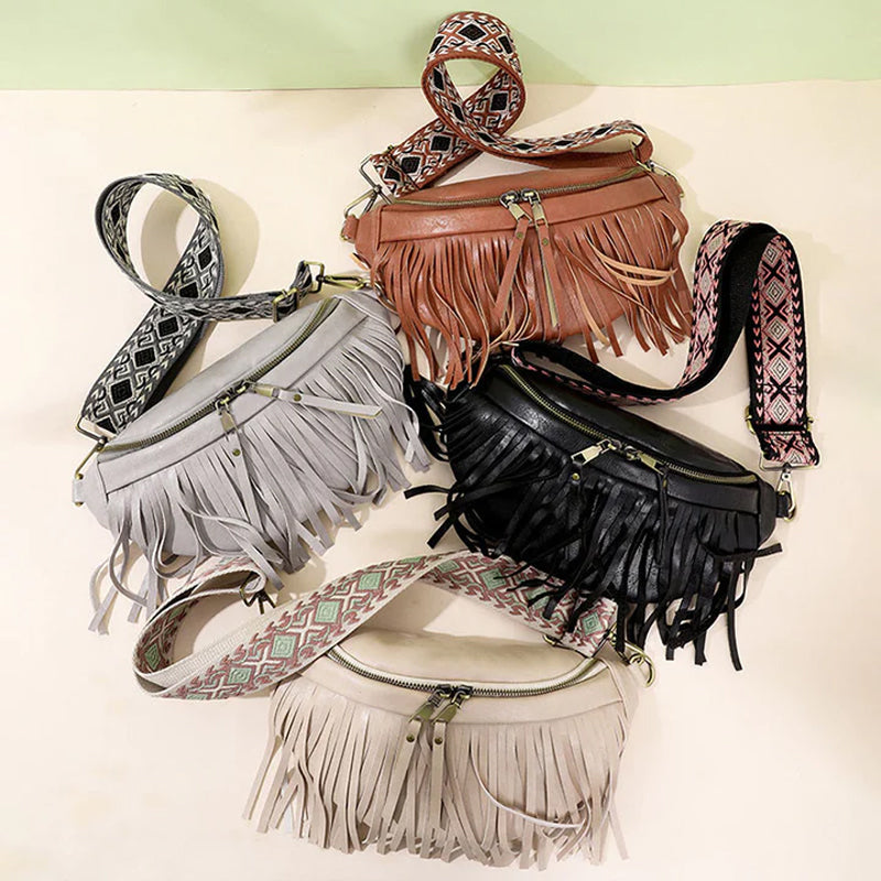 Women's Wrinkle Leather Retro Tassel Crossbody Bag