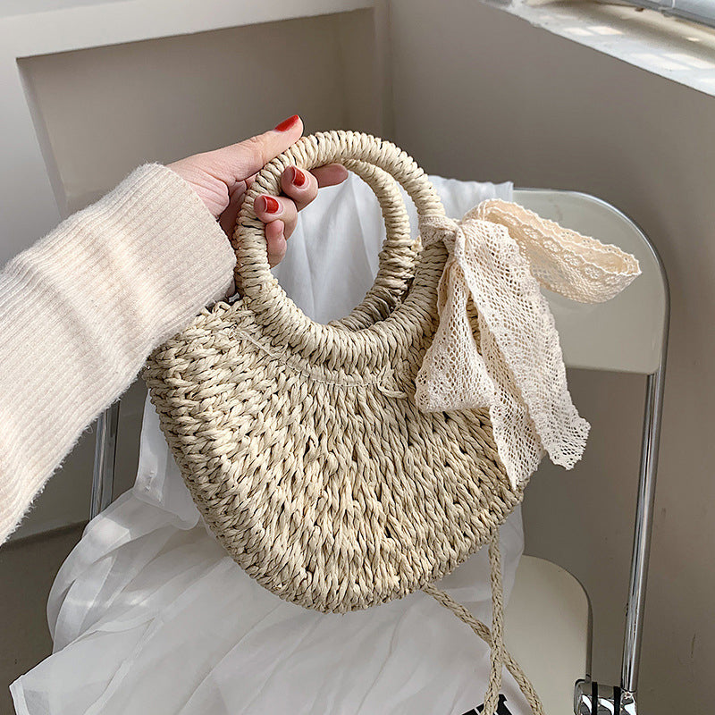 Women Moon Shape Lace Bow Rattan Shoulder Bag, Hand-Woven Beach Handbag