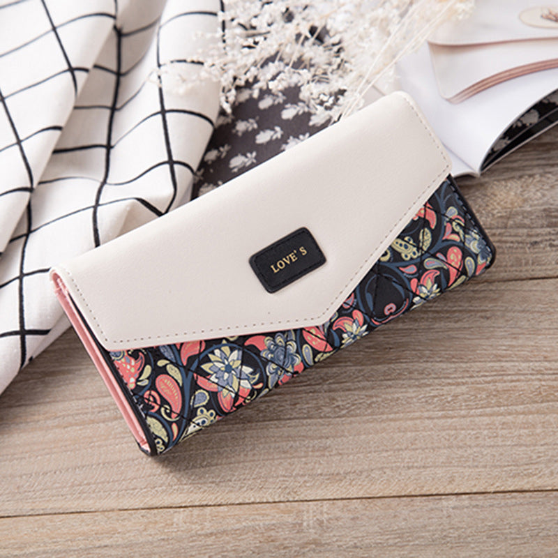 Ladies Floral Rhombus Long Wallet, Hit Color Envelope Buckle Clutch