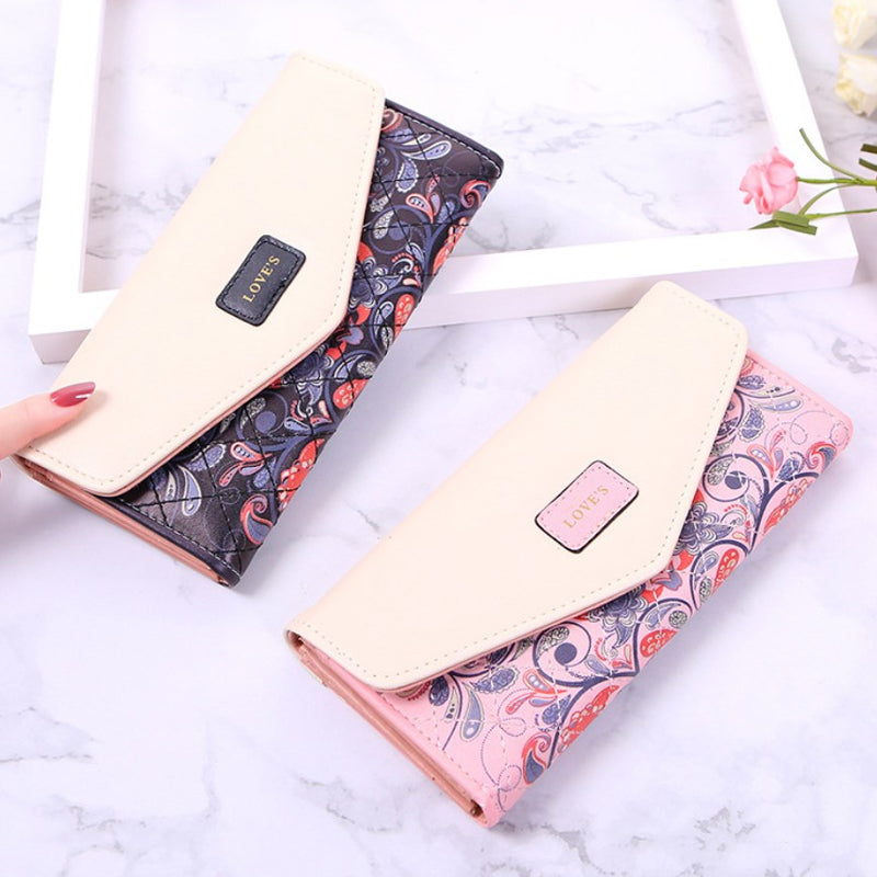 Ladies Floral Rhombus Long Wallet, Hit Color Envelope Buckle Clutch