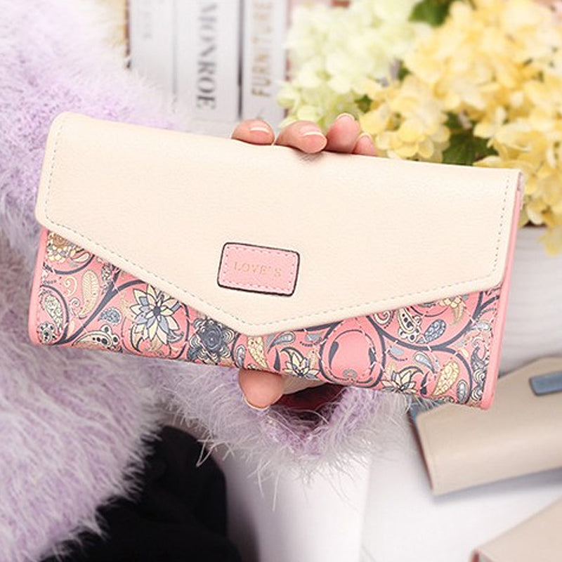 Ladies Floral Rhombus Long Wallet, Hit Color Envelope Buckle Clutch