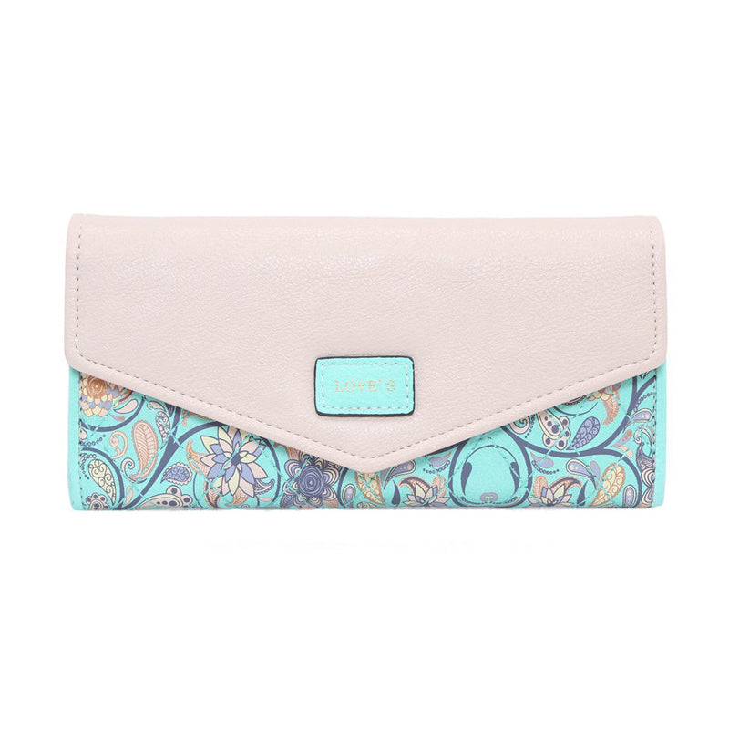 Ladies Floral Rhombus Long Wallet, Hit Color Envelope Buckle Clutch