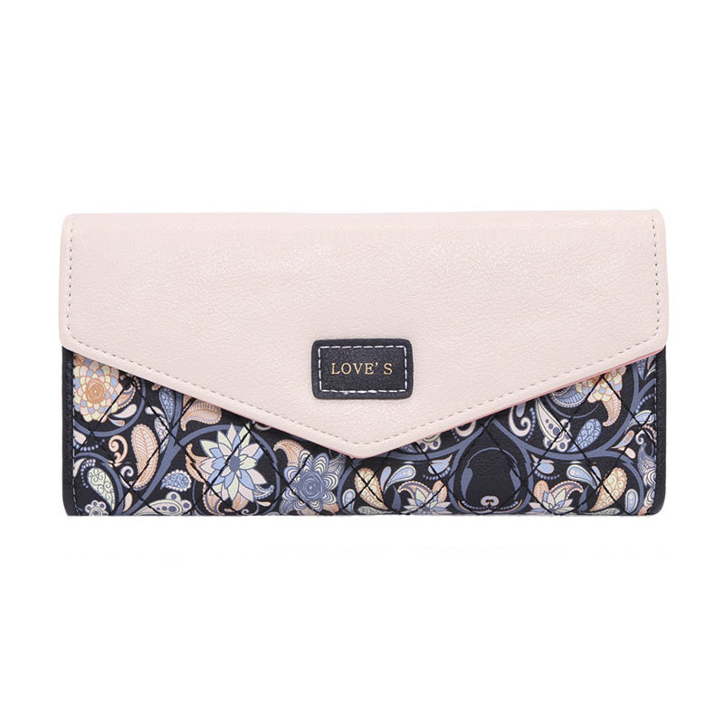 Ladies Floral Rhombus Long Wallet, Hit Color Envelope Buckle Clutch