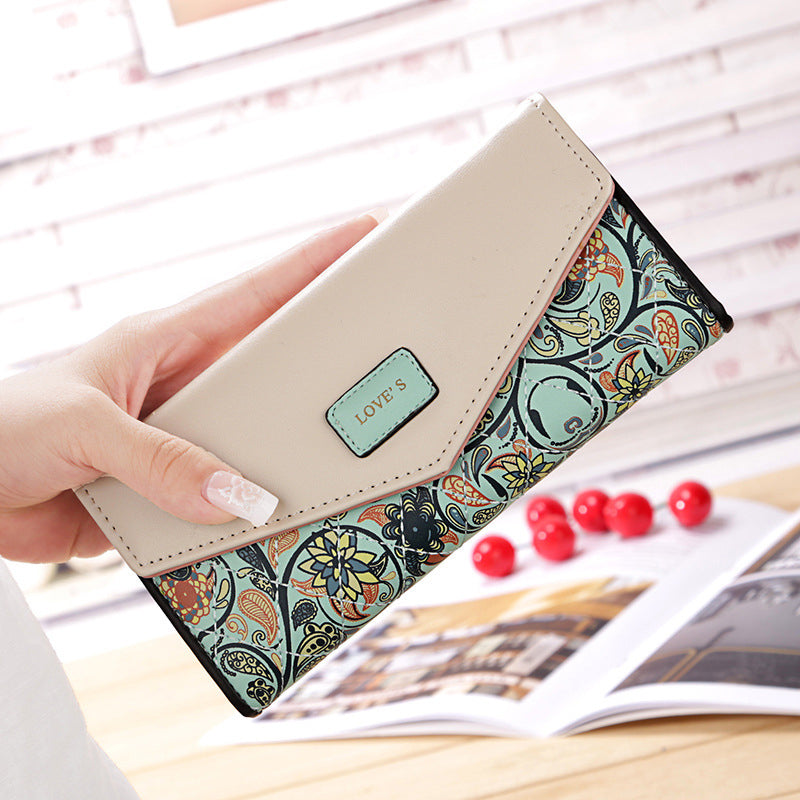 Ladies Floral Rhombus Long Wallet, Hit Color Envelope Buckle Clutch